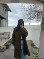 巧克力色牛角扣中长款大衣 羊毛80羊驼毛10