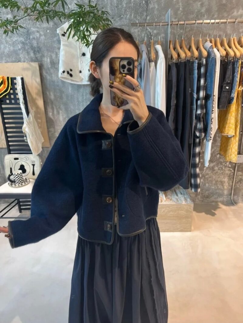 宽松气质款 藏蓝羊毛外套夹克 羊毛68%
