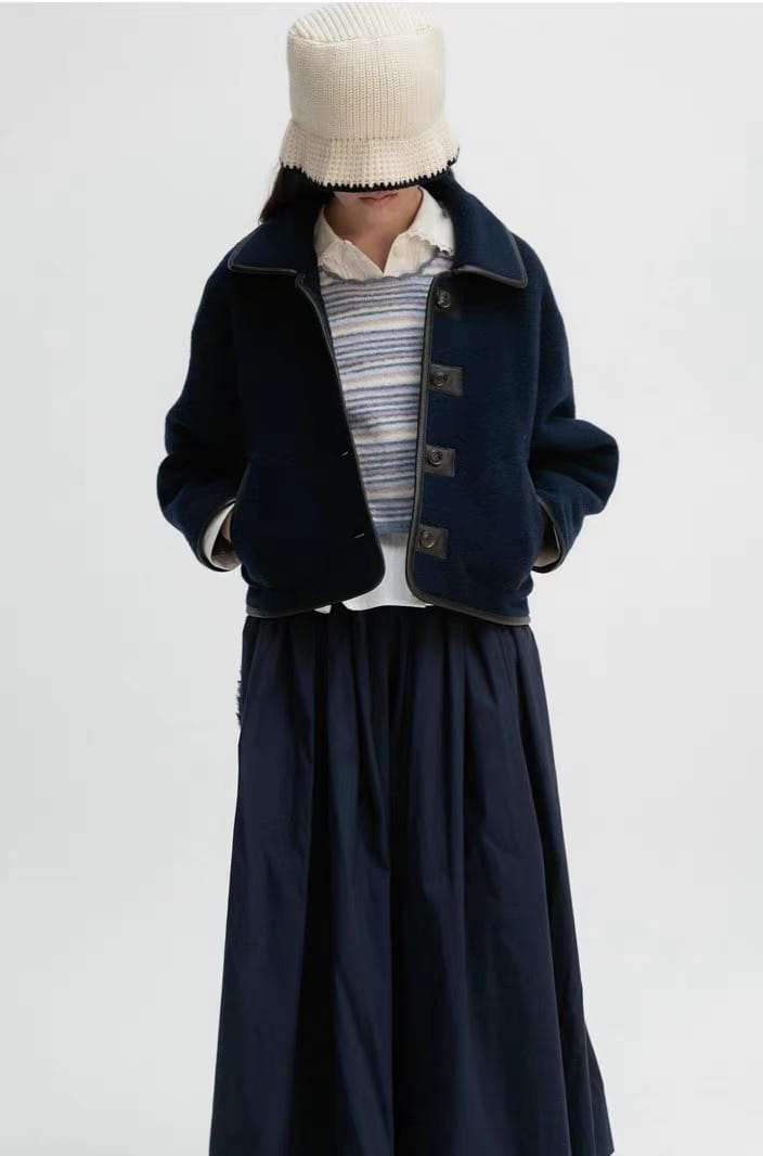 宽松气质款 藏蓝羊毛外套夹克 羊毛68%