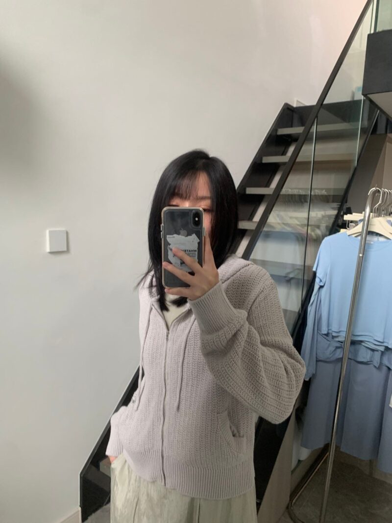 慵懒感棉针织拉链连帽外套