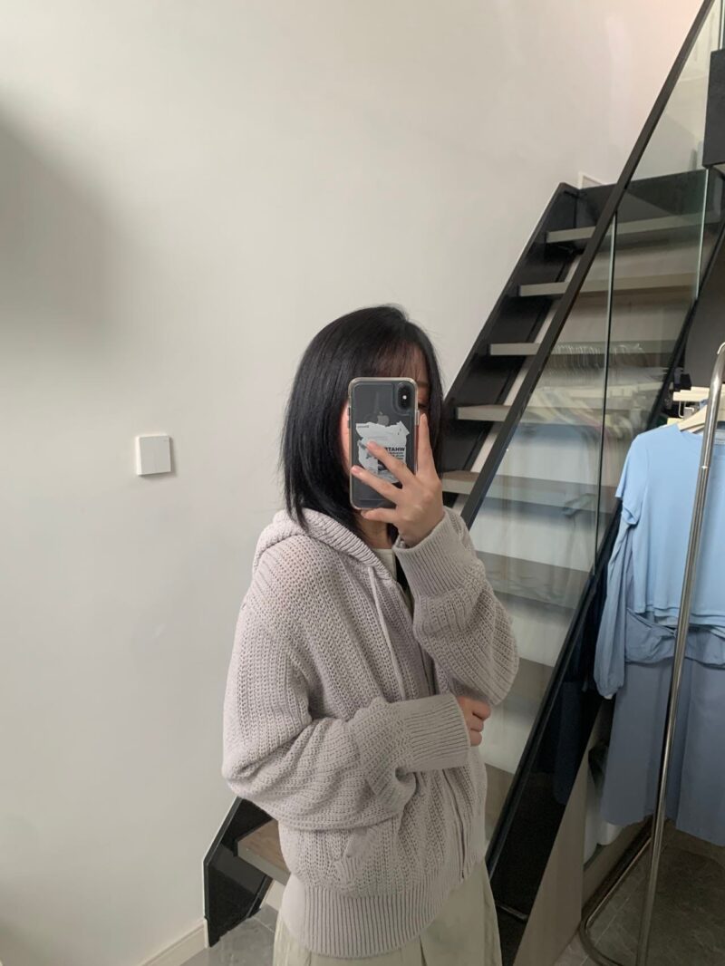 慵懒感棉针织拉链连帽外套