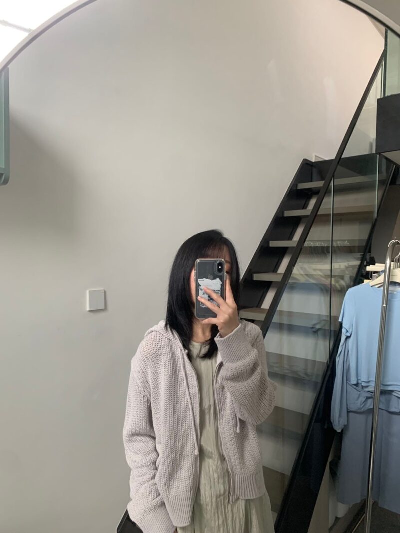 慵懒感棉针织拉链连帽外套