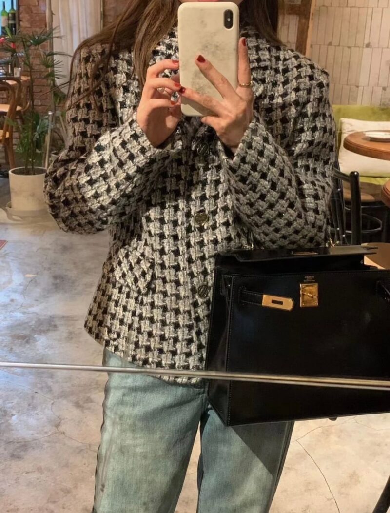 重工千鸟格带微闪小香风外套