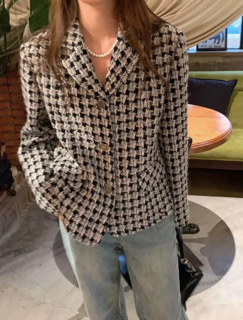 重工千鸟格带微闪小香风外套