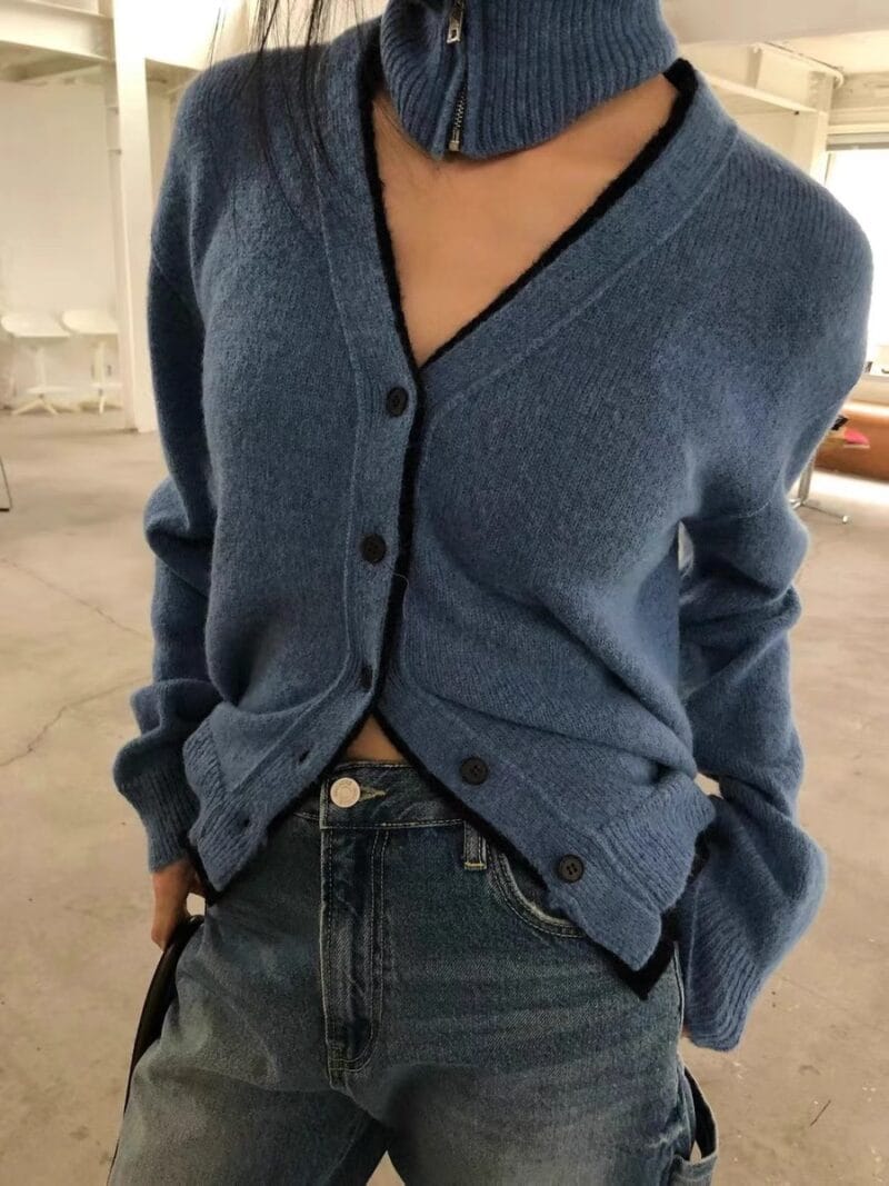 马海毛70 氛围感假两件V领毛衣