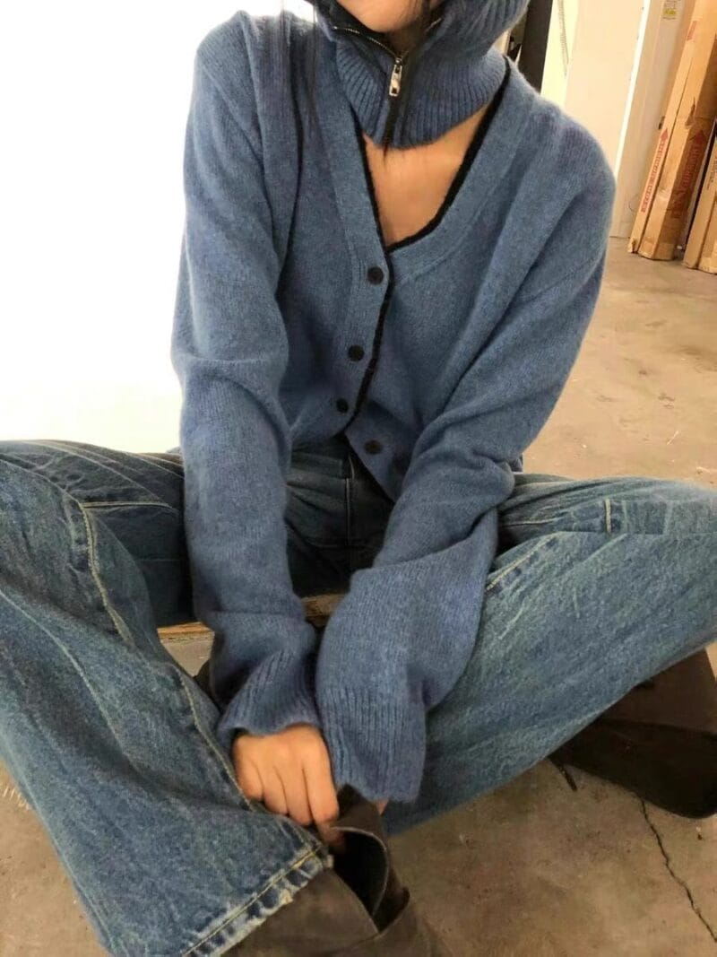 马海毛70 氛围感假两件V领毛衣