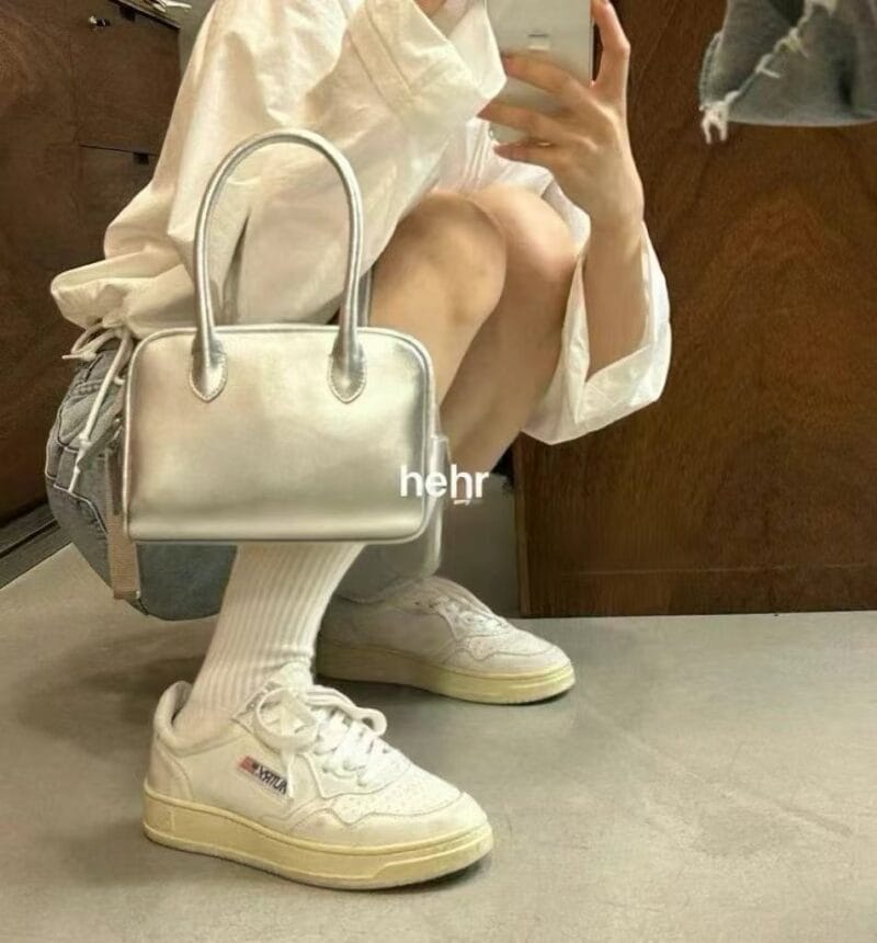 HEHR 100%牛皮 超好看的银色小方托特包