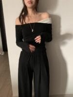 独特剪裁的露肩拼色上衣 超级显廋 两色