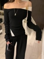 独特剪裁的露肩拼色上衣 超级显廋 两色