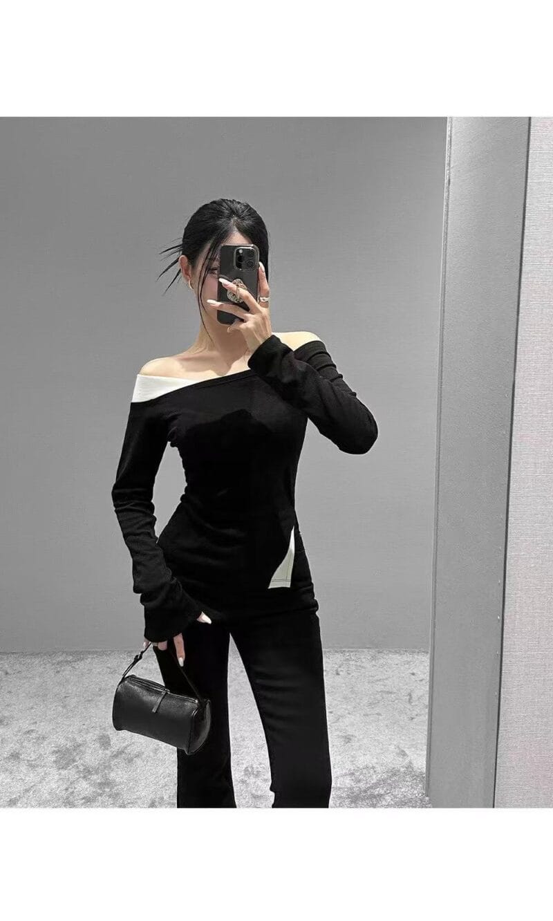 独特剪裁的露肩拼色上衣 超级显廋 两色