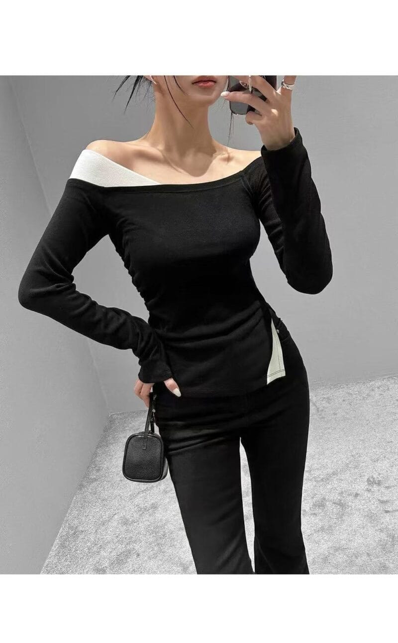 独特剪裁的露肩拼色上衣 超级显廋 两色