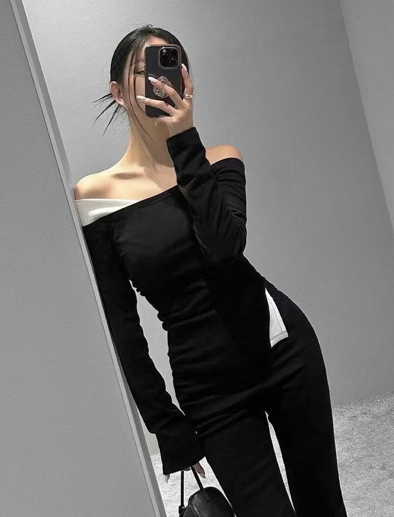 独特剪裁的露肩拼色上衣 超级显廋 两色