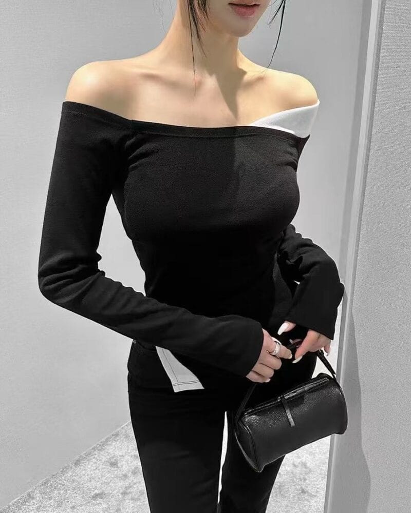 独特剪裁的露肩拼色上衣 超级显廋 两色