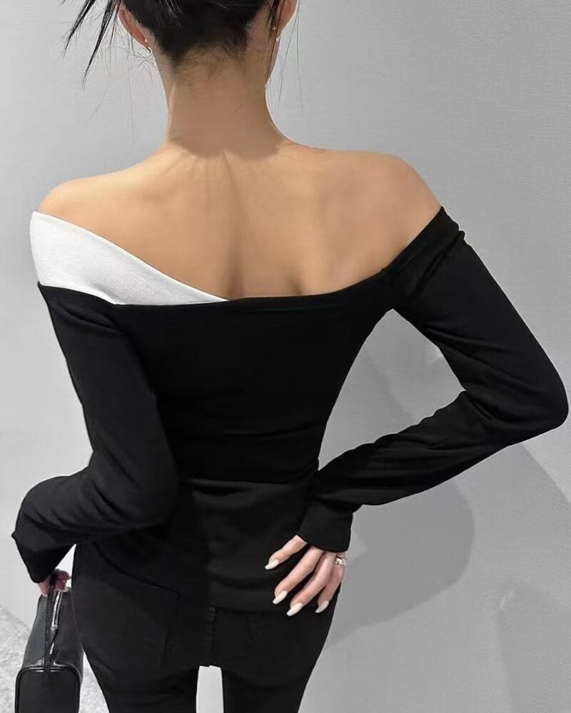 独特剪裁的露肩拼色上衣 超级显廋 两色