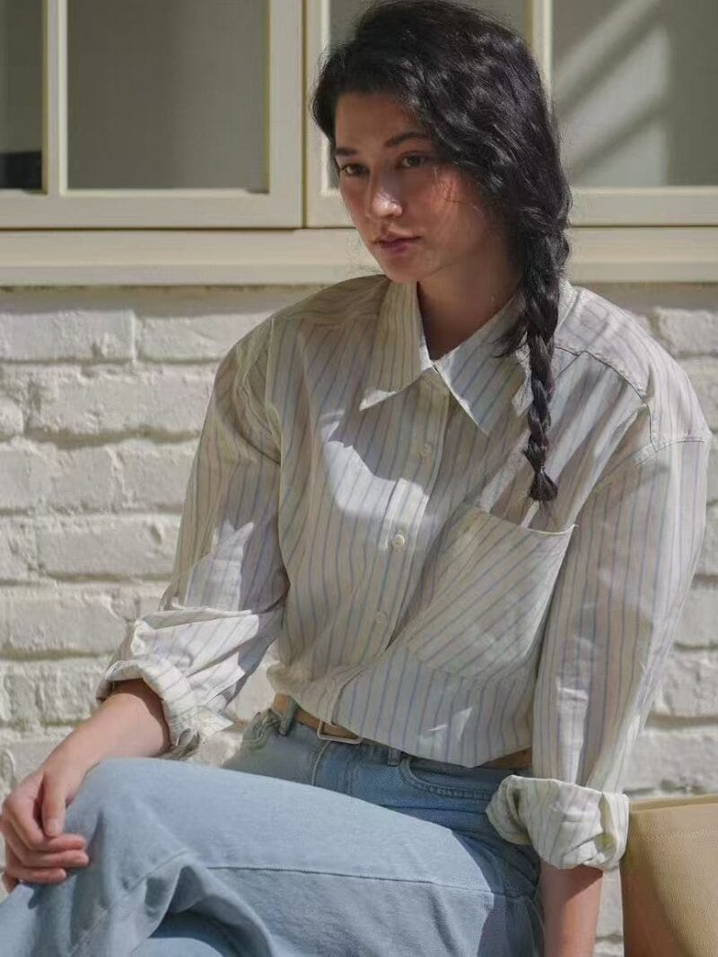 春天气息满满的奶油色系条纹衬衫 当外套穿也很好看 两色