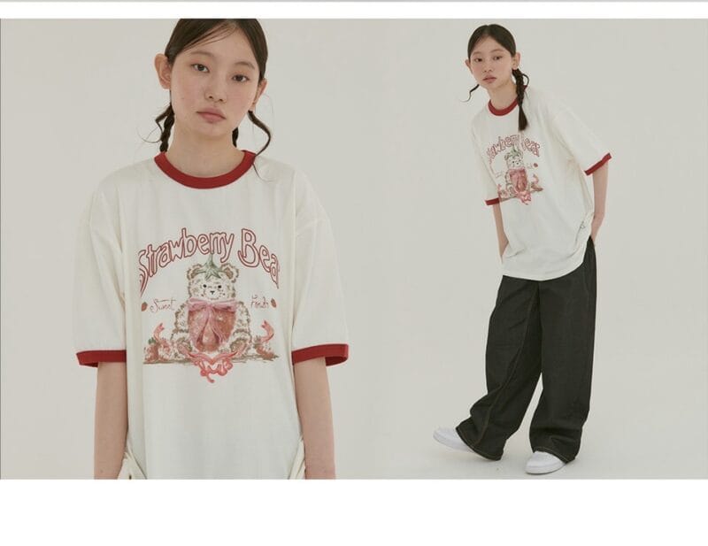 Ringer T-shirts Strawberry Bear - Ivory
