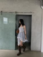 韩国网红爆款 不规则格子蕾丝裙子