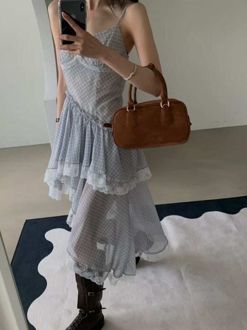 韩国网红爆款 不规则格子蕾丝裙子