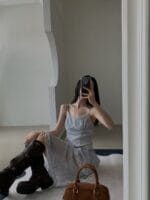 韩国网红爆款 不规则格子蕾丝裙子