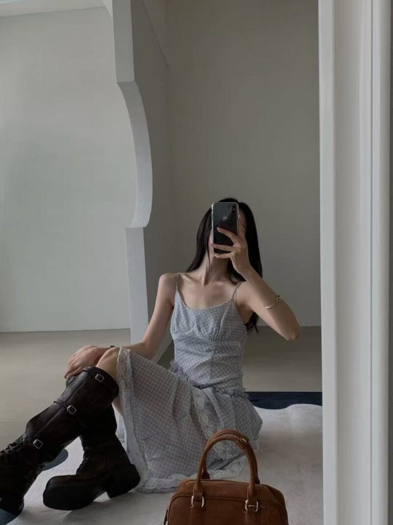 韩国网红爆款 不规则格子蕾丝裙子