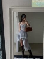 韩国网红爆款 不规则格子蕾丝裙子