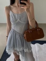 韩国网红爆款 不规则格子蕾丝裙子