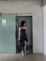 韩国网红爆款 不规则格子蕾丝裙子