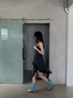 韩国网红爆款 不规则格子蕾丝裙子