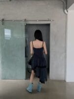 韩国网红爆款 不规则格子蕾丝裙子