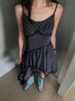 韩国网红爆款 不规则格子蕾丝裙子