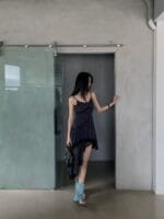 韩国网红爆款 不规则格子蕾丝裙子