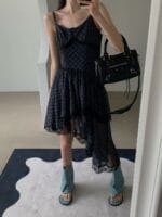 韩国网红爆款 不规则格子蕾丝裙子