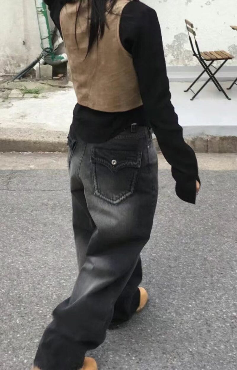 Aespa柳智敏Karina同款阔腿牛仔裤 黑色