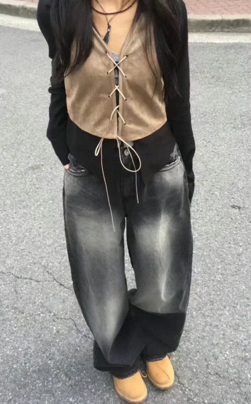 Aespa柳智敏Karina同款阔腿牛仔裤 黑色