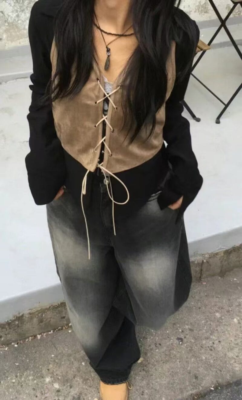 Aespa柳智敏Karina同款阔腿牛仔裤 黑色