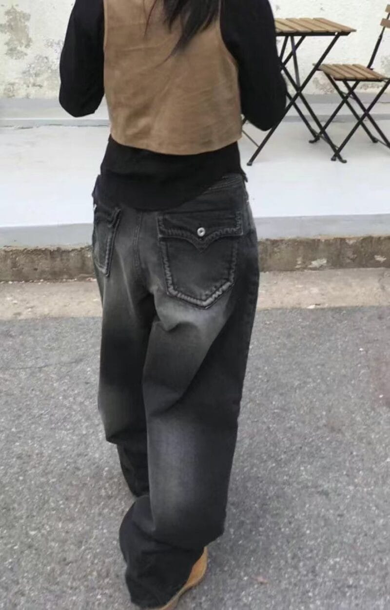 Aespa柳智敏Karina同款阔腿牛仔裤 黑色