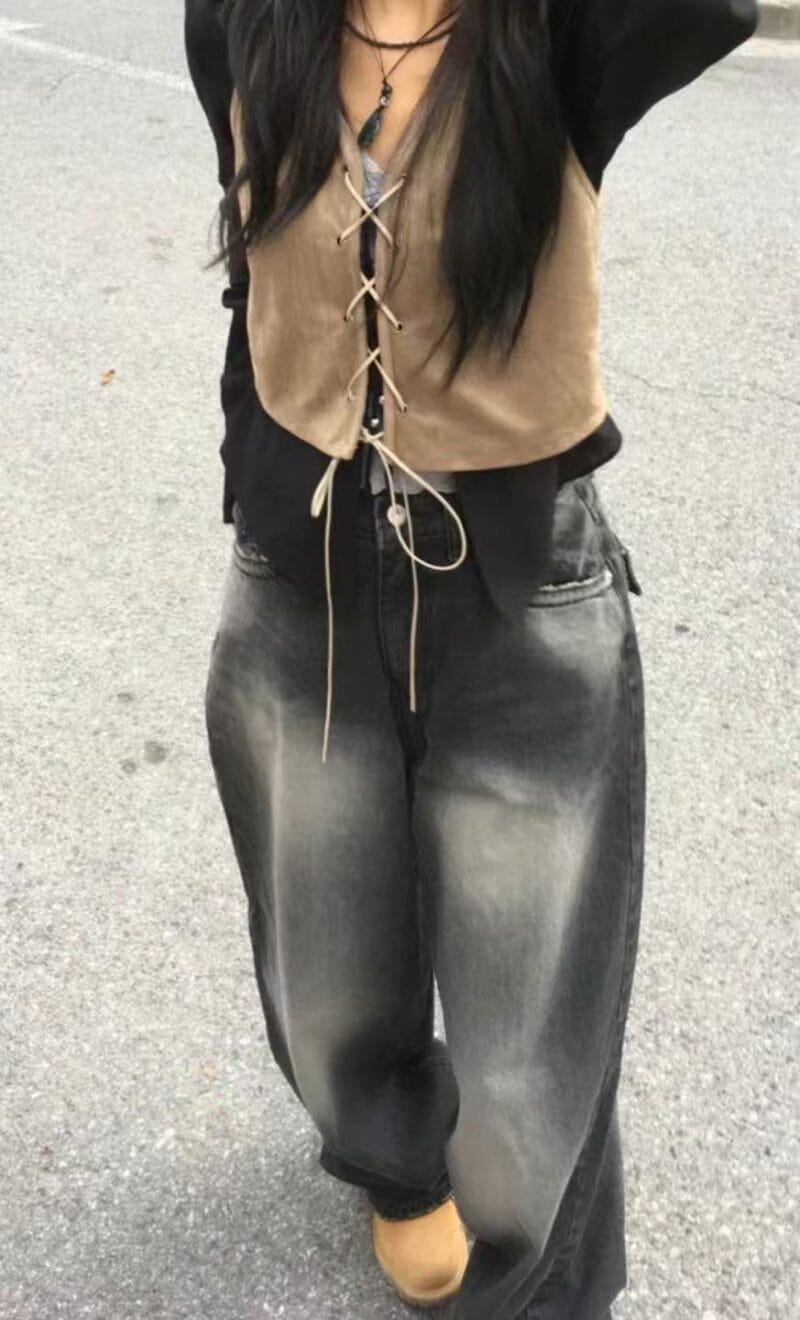 Aespa柳智敏Karina同款阔腿牛仔裤 黑色