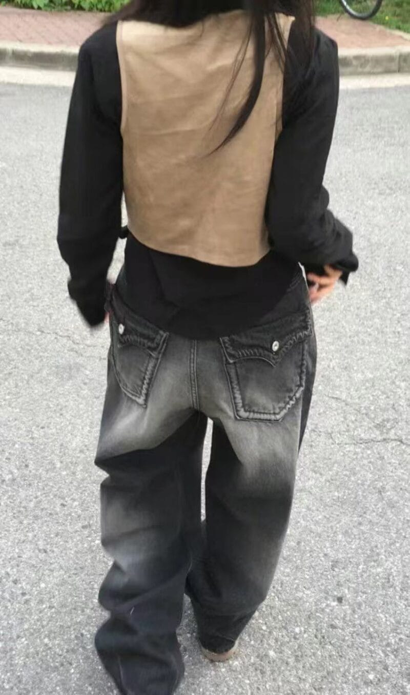 Aespa柳智敏Karina同款阔腿牛仔裤 黑色