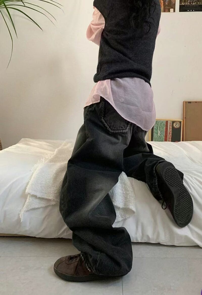 Aespa柳智敏Karina同款阔腿牛仔裤 黑色