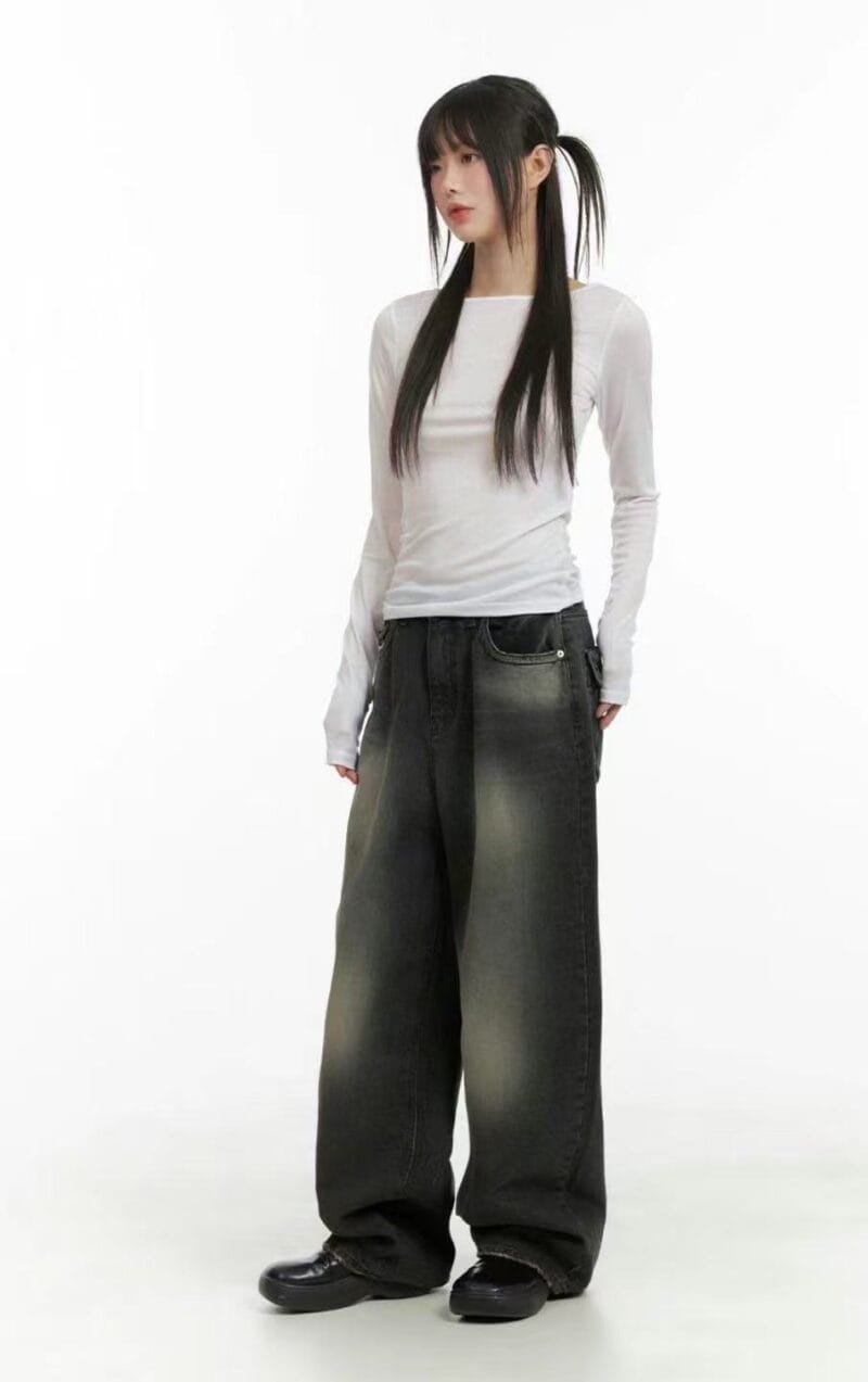 Aespa柳智敏Karina同款阔腿牛仔裤 黑色