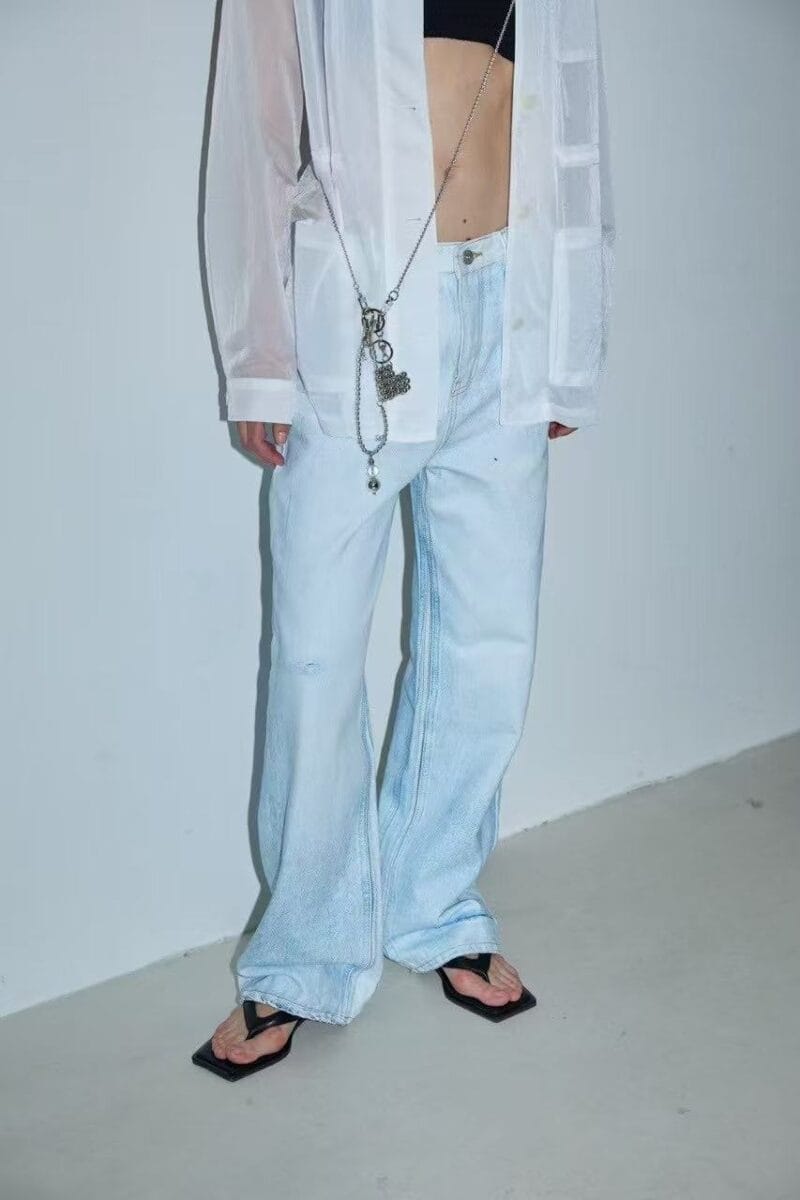 浅水洗蓝直筒牛仔裤 复杂工艺