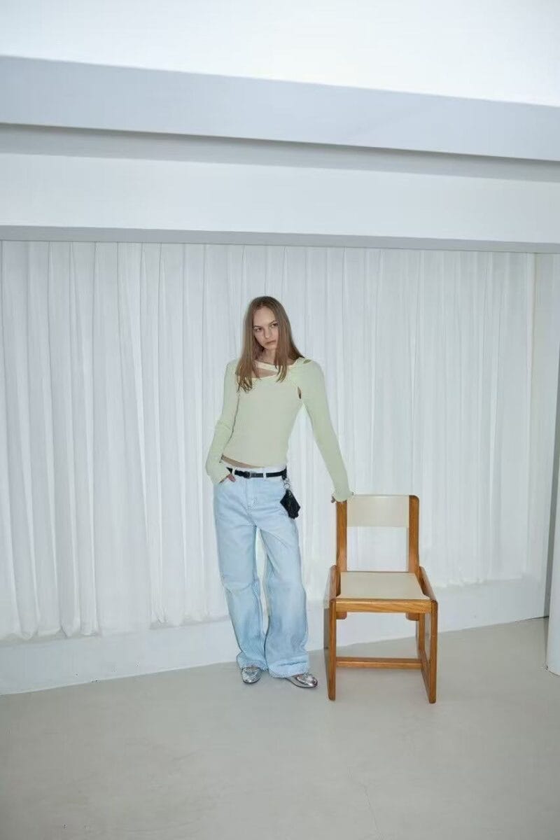 浅水洗蓝直筒牛仔裤 复杂工艺