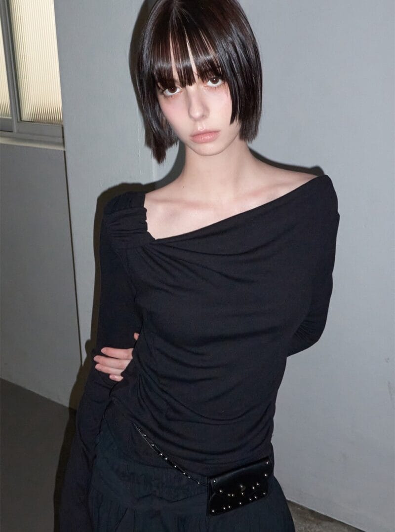 RENSE Side Shirring Draped Tee Black