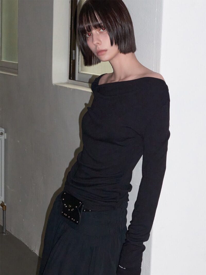 RENSE Side Shirring Draped Tee Black