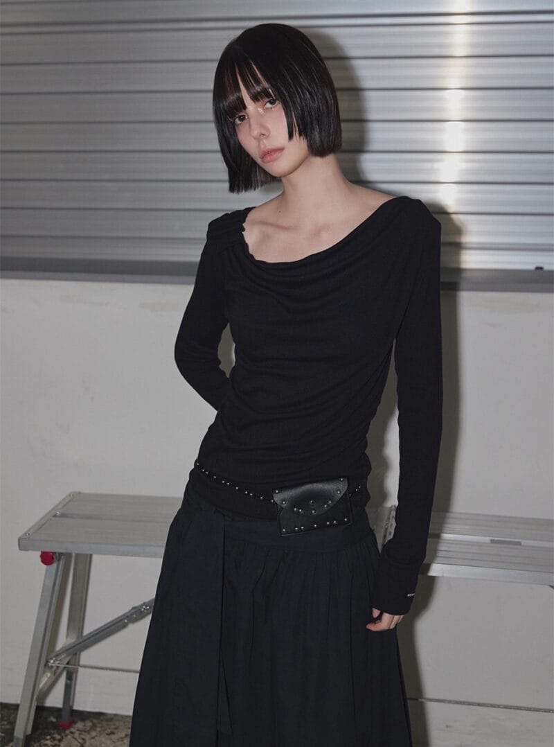 RENSE Side Shirring Draped Tee Black