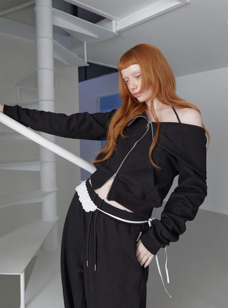 RENSE Open Halter Hoodie Zip-Up Black