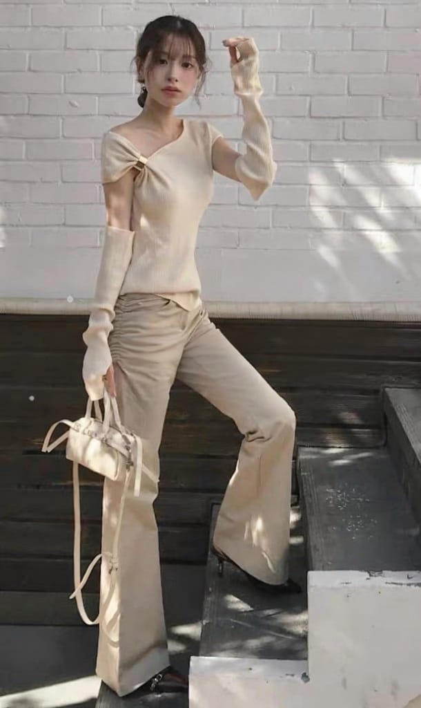 Cloudemotion 斜肩上衣两件套 米白