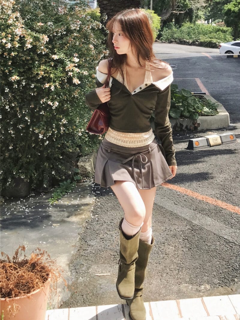 Cloudemotion 蕾丝内搭露肩两件套 卡其色