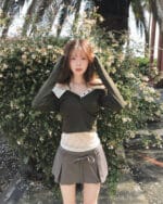 Cloudemotion 蕾丝内搭露肩两件套 卡其色