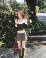 Cloudemotion 蕾丝内搭露肩两件套 卡其色